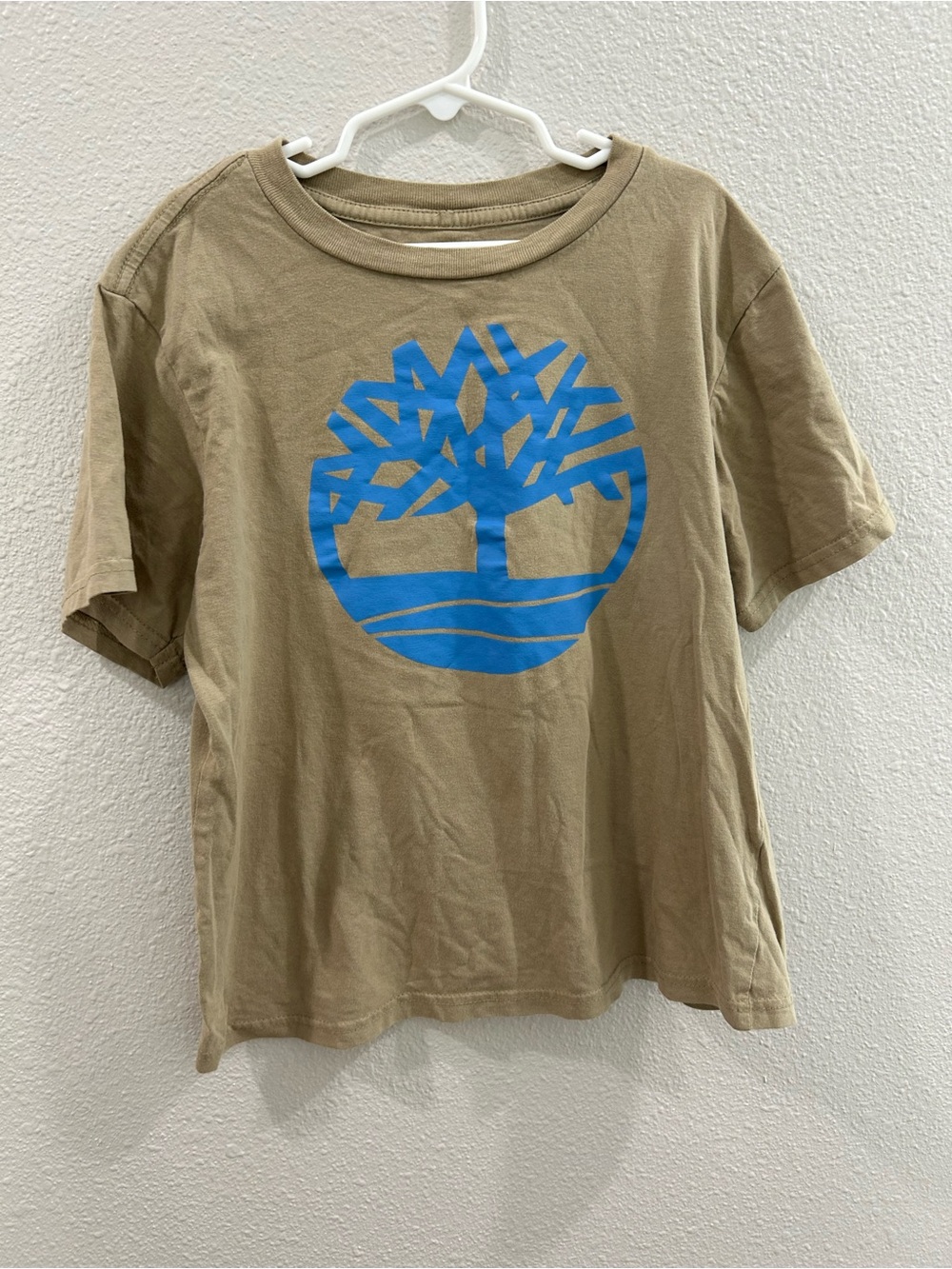 Timberland Tan Short-Sleeve Tee with Blue Tree Graphic